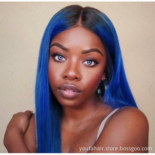 Wholesale Raw Indian Virgin Hair Ombre 1B Blue HD Lace Frontal Wig Women 13X4 Swiss Lace Front Closure Human Hair Wig Straight